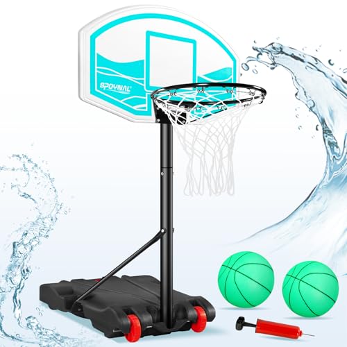 SPOYNAL Pool Basketball Hoop 7-Height Adjustable Swimming Pool Basketball with LED Light, 2 Balls & Pump, Portable Water Basketball Goals System