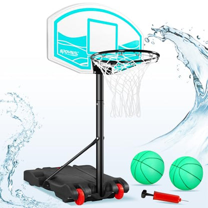 SPOYNAL Pool Basketball Hoop 7-Height Adjustable Swimming Pool Basketball with LED Light, 2 Balls & Pump, Portable Water Basketball Goals System