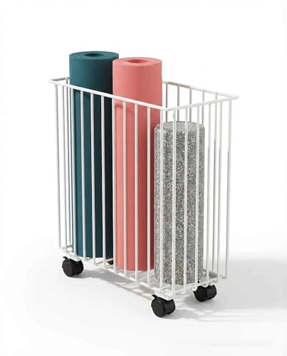 Yoga Mat Storage Rack Basket with Wheels – Home Gym Organizer for Small Apartment & Workout Corner – Slim Metal Rolling Cart Holder for Foam Rollers, Resistance Bands & Exercise(White) - color: White