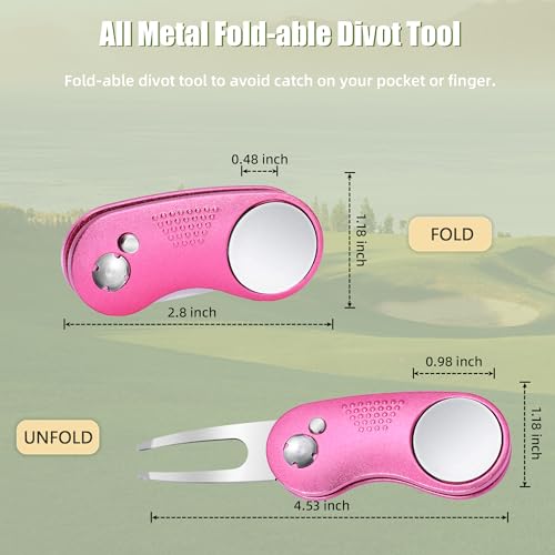 Mile High Life Golf Divot Repair Tool, All Metal Foldable Divot Tool with Pop-up Button & Magnetic Ball Marker - color: Pink Curve