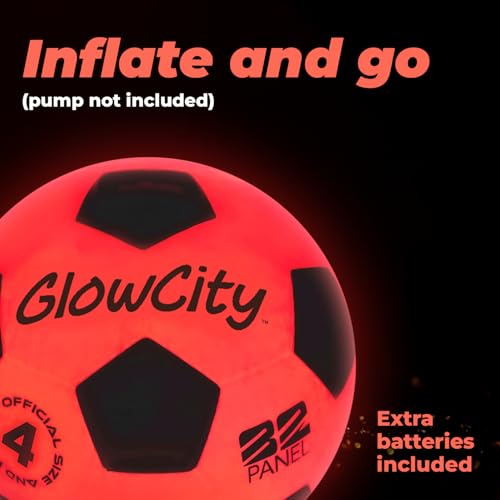 GlowCity Glow in The Dark Soccer Ball - Sizes 3, 4, 5 for Kids, Teens & Adults - Light Up Soccer Ball with 2 LED Lights - Sports Birthday Gifts Ideas for Boys & Teenagers Ages 6 7 8 9 10 11 12 13 14