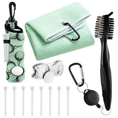 Liliful 12 Pcs Golf Accessories Kit, Include Golf Ball Bag with Hook Towel Tees Magnetic Ball Marker Divot Tool Cleaner Brush for Women Man Gifts - color: Light Green, style: Plain