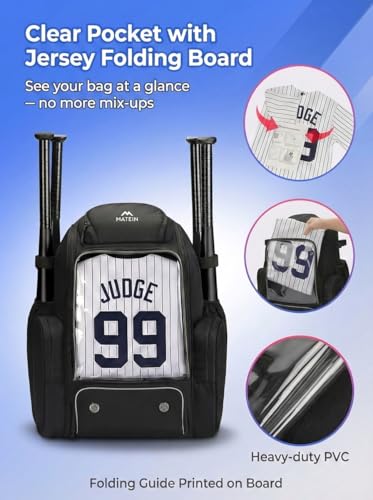 MATEIN PRO Youth Baseball Backpack for 4 Bats with Collapsible Shoes Compartment, Water-Resistant Large Boys Baseball Bat Bag with Clear Display Pocket & Insulated Beverage Pocket Holds Glove, Helmet - color: Black