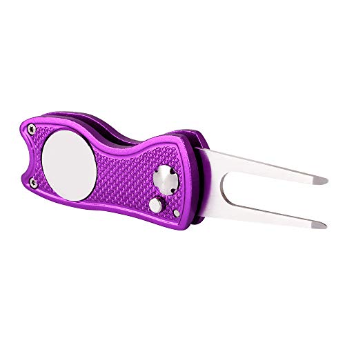 Mile High Life Golf Divot Repair Tool, All Metal Foldable Divot Tool with Pop-up Button & Magnetic Ball Marker, 2-6 Pack - color: Purple Fish