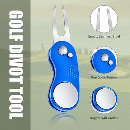 Mile High Life Golf Divot Repair Tool, All Metal Foldable Divot Tool with Pop-up Button & Magnetic Ball Marker - color: Blue Curve