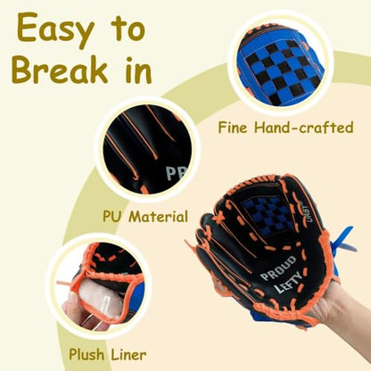 Urby Left Handed Baseball Glove, Left Handed T Ball Glove for Lefty, Left Hand Throw Only. T-Ball & Youth Baseball Gloves. - color: Black & Blue, size: 10.5in Age 4-7