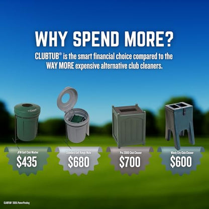 Golf Club Cleaner. 4-Gallon Tub with Dual 9.5" Stiff Polybutylene Scrubbing Brushes, 5-Inch Lid Hole, Hose Connector and Drain with Metal Handle