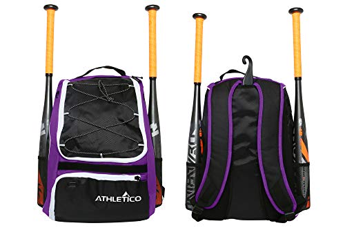 Athletico Baseball Bat Bag - Backpack for Baseball, T-Ball & Softball Equipment & Gear for Youth and Adults | Holds Bat, Helmet, Glove, & Shoes |Shoe Compartment & Fence Hook - color: Purple