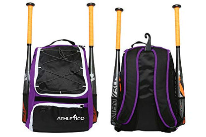 Athletico Baseball Bat Bag - Backpack for Baseball, T-Ball & Softball Equipment & Gear for Youth and Adults | Holds Bat, Helmet, Glove, & Shoes |Shoe Compartment & Fence Hook - color: Purple
