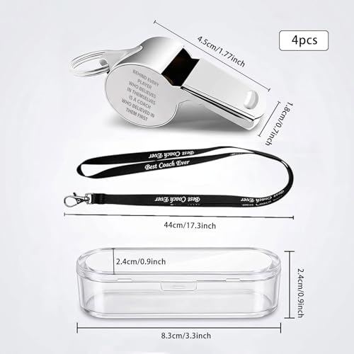 4 Pack Coach Appreciation Whistle Set Stainless Steel Engraved Whistles Fist Bump Graphics Inspirational Gifts for Coaches Team Leaders Mentors