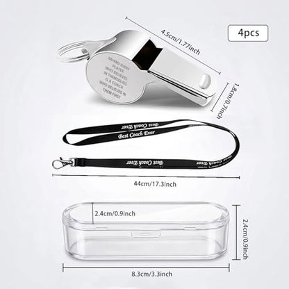 4 Pack Coach Appreciation Whistle Set Stainless Steel Engraved Whistles Fist Bump Graphics Inspirational Gifts for Coaches Team Leaders Mentors