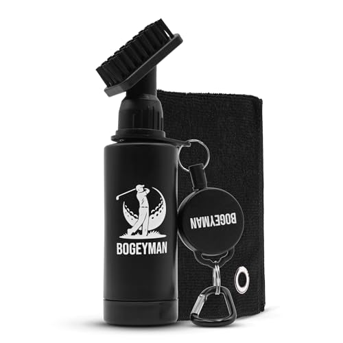 Bogeyman Golf Club Brush & Microfiber Towel Set - Retractable Clip - D-Ring Carabiner - Water Squeeze Bottle - Easy Cleaning
