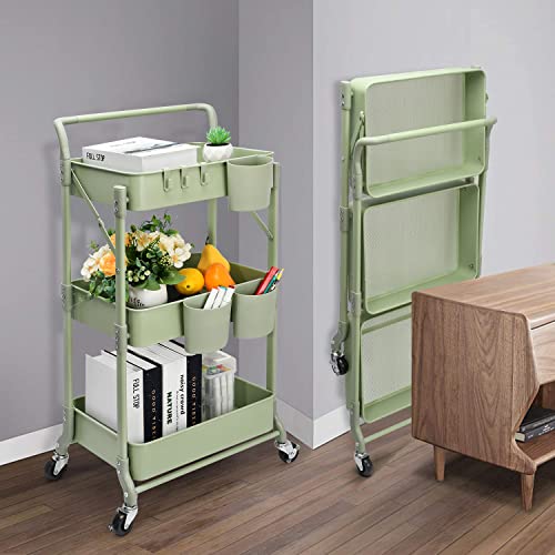 Foldable 3 Tier Rolling Cart, Metal Utility Cart, Folding Mobile Multi-Function Storage Trolley Organizer Cart for Home Library Office(Green) - color: Green