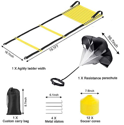 Speed Agility Ladder Training Set, Soccer Football Training Equipment Includes 12 Rung 20Ft Agility Ladder, 12 Disc Cones, 4 Steel Stakes, Resistance Parachute & Carry Bag