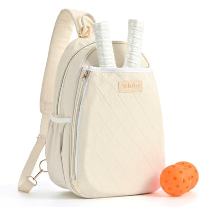 Pickleball Bag for Women, Quilted Stylish Sling Bag, Adjustable Shoulder Strap, 2 Storage Compartment Holds Paddles, Balls,Shoes - color: Beige