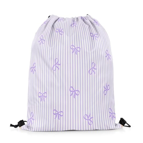 Castle Fairy Bow Drawstring Gym Bag,Purple Bowknot Stripes Foldable Waterproof Drawstring Backpack,Sweet Princess Style Draw String Back Bags for Shopping,Swimming,Beach - color: Purple