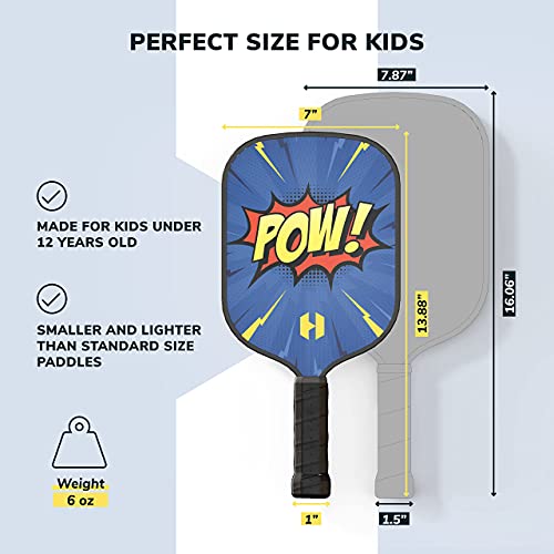 Helium Pickleball Paddle for Kids – Child Size Paddle for Children 12 and Under, Lightweight Honeycomb Core, Graphite Strike Face, Pickleball Paddle & Drawstring Bag - POW! - style: 1 Paddle Set