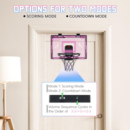 Indoor Basketball Hoop with Electronic Scoreboard and LED Light, Pink Over The Door Basketball Toy, for Kids Aged 4, 5, 6, 7, 8+Years Old