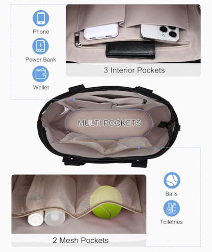 Tennis Bags for Women, Large Pickleball Tote Bag Men 2 Rackets Lightweight Crossbody Shoulder Bag for Gym Sport - color: Black