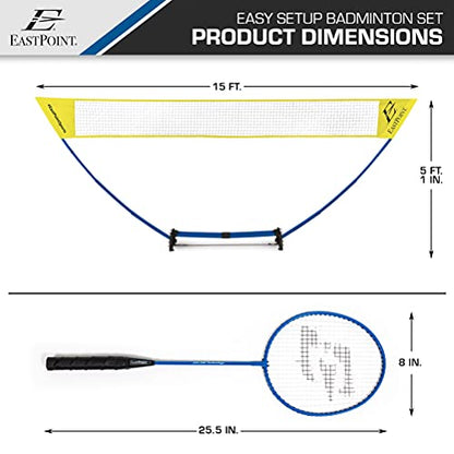 EastPoint Easy Setup Badminton Set - 15 ft Net, 4 Rackets, 2 Shuttlecocks - Quick Setup Net for Backyard Games - Steel Shaft Badminton Rackets for Family Games - Durable Shuttlecocks for Outdoors