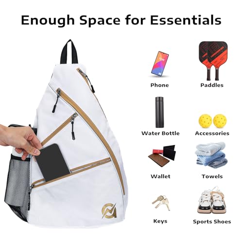 A11N SPORTS Pickleball Bag, Reversible Crossbody Sling Bag/Backpack for Women Men - color: White& Gold