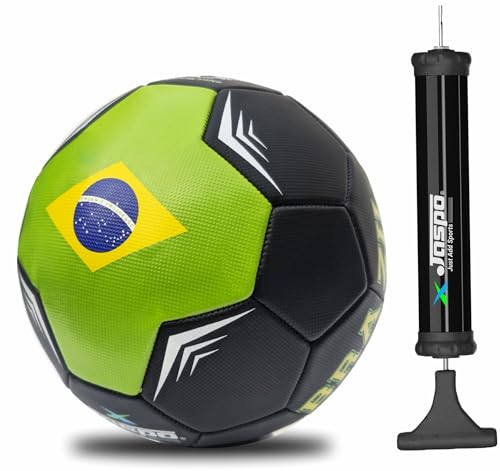 jaspo Soccer Champ Football, TPU Material, Machine Stitched, Size 5, Under 12 Years Age Group, 6 to 8 Lbs Inflation Football,Pump, Brazil Black