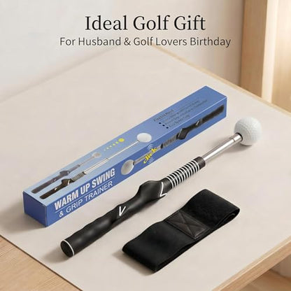 Retractable Golf Swing Trainer and Grip Trainer, Warm Up Swing Aid with Flexible Head, Includes Arm Band, Grip Correction & Swing Click Feedback, Gifts for Beginners and Advanced Golfers