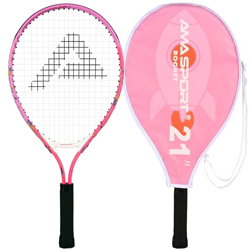 AMA SPORT Kids Tennis Racket 17/19/21/23/25 Inch Tennis Racket for Kids Girls and Boys Beginners Toddlers Starter Junior Racquet with Shoulder Strap Bag (Age 2-10) - color: Rocket-Pink, size: 21"