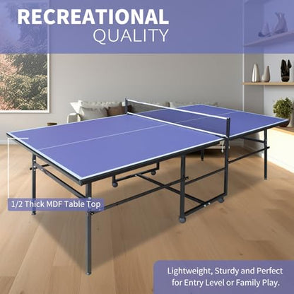 IUNNDS Portable Table Tennis Table 6/8/8.5/9FT Foldable Ping Pong Game Set for Indoor with Net and Post Set, 2 Paddles and 3 Balls - color: Blue-8.5FT