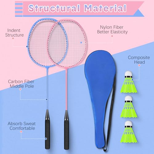 12 Pack Badminton Rackets Set Including Badminton Racquets, Nylon Shuttlecocks and Carry Bag for Outdoor Backyard Games Beginners - color: Light Pink, Light Blue