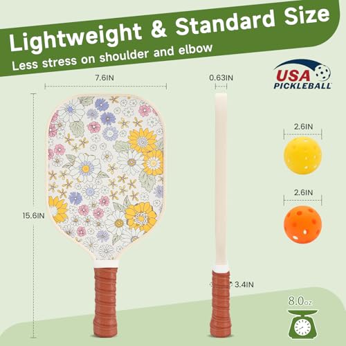 Pickleball Paddles, USAPA Approved Cute Pickleball Paddles Set of 2/4, Polypropylene Honeycomb Core, Fiberglass Pickleball Set with 2 or 4 Pickleball Rackets, 4 Balls, 1 Bag for Women