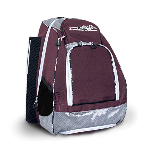No Errors Sports RBP Rookie Baseball and Softball Backpack - Youth Baseball and Softball Bat Bag with Fence Hooks - Baseball and Softball Equipment Bag for Kids - color: Maroon