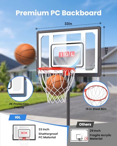 IGL Kids Basketball Hoop Outdoor Adjustable, 33 Inch Portable Basketball Goal with PC Backboard, Fillable Base & 40 lb Weight Ball for Backyard & Driveway - color: Black-Standard