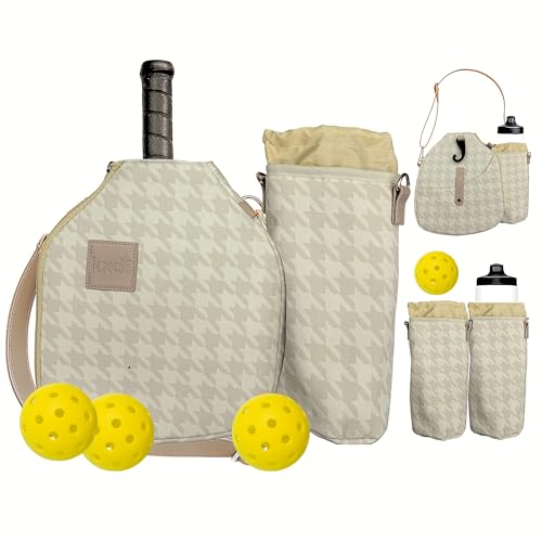 Pickleball Paddle Cover Crossbody bag with Adjustable Strap, Waterbottle holder, Ball Holder, Gifts for Women Men - color: Khaki