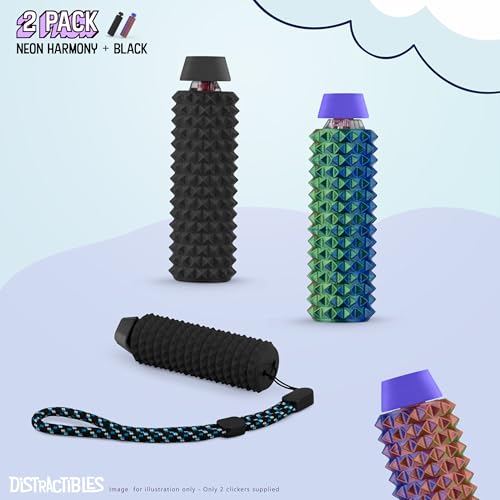 Distractibles Spike Roller Clicker, Tactile Pain Stim Fidget with Clicker Switch, Pain Stimulation Roller with Lanyard (Black + NEON Harmony) - color: Black + Neon Harmony