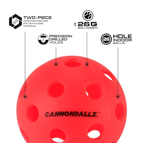 Cannonballz - Indoor Pickleball Balls Multi-Pack – 26 Hole Fluorescent Ember Pickleball Balls, USAPA Approved Indoor Pickleballs for Training, Practice & Tournament Performance - size: 10 Pack