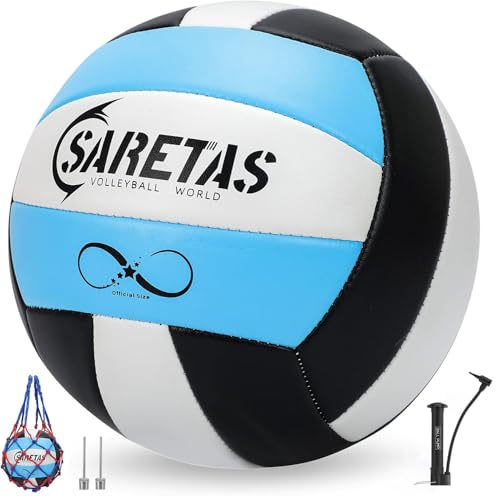Saretas Volleyball Soft Beach Volleyball - Official Size for School, Indoor, Outdoor and Play Game Gym Workout - Play for Girls, Adults and Family. - color: Blue and Black with Pump