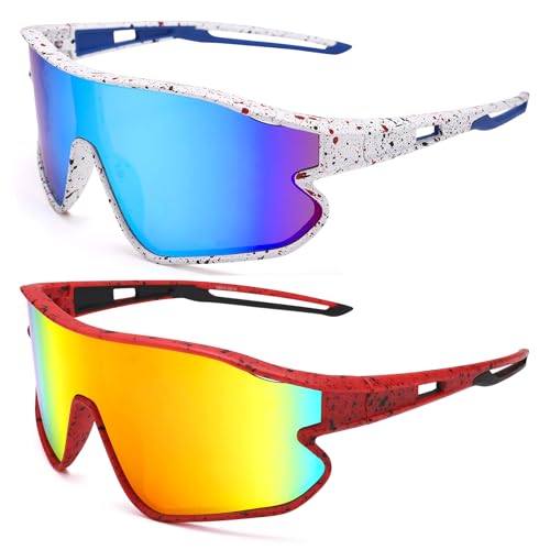 Kids Baseball Sunglasses - Youth Baseball Sunglasses for Boys Girls - Sports Softball Shades Age 6-14 - color: A1 White / Blue Mirror + Red / Orange Mirror