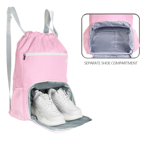 BAVELOE Drawstring Backpack with Wet Pocket & Shoe Compartment, Water-Resistant Sports Gym Swim String Bag for Women Men(Pink) - color: Pink
