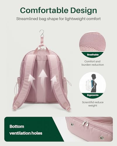 Quilted Tennis Gym Backpack for women Tennis Bag Holds 2 Rackets with Top Panel & Ventilated Shoe Compartment Sports Duffle Bags with Wet Pocket & Fence Hook - color: Pink