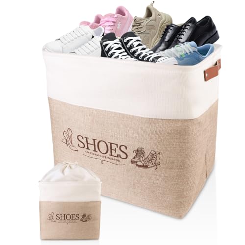 Shoe Basket Organizer, Large Capacity Fabric Entryway Shoe Storage Bin with Handle, Flodable Space-Saving Shoe Basket for Entryway, Hallway, Entryway and Mudroom - color: Khaki, style: Leather Buckle