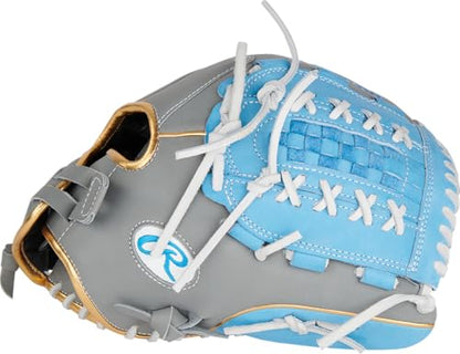 Rawlings | Liberty Advanced Color Series Fastpitch Softball Glove - color: Grey / Columbia Blue / Gold | X-Laced Basket Web, size: 12.5" | Utility