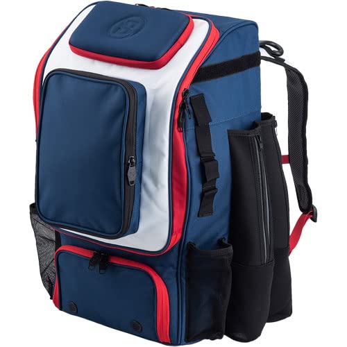 Tournament Backpack Baseball Bag, Large Capacity Bat Holder, Softball Bag with Shoe Compartment and Fence Hook, Red/White/Blue