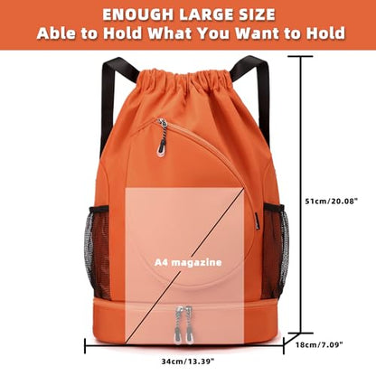Sports Drawstring Backpack, Badminton Gym Bag Holds 2 Rackets with Shoe Compartment, Off-work, Everyday & Overnight Weekend - color: Orange