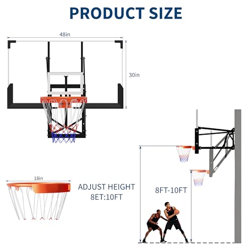 48'' Wall Mounted Basketball Hoop with Shatterproof Backboard, Basketball Portable Hoop & Goal, Indoor & Outdoor with Adjustable Height, Classic Basketball Court, Teens, Adults, Schools, Parks, Garage