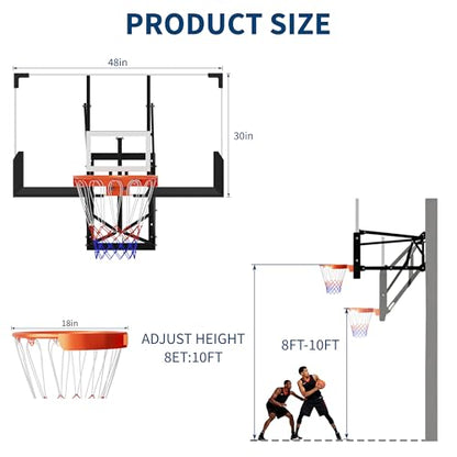 48'' Wall Mounted Basketball Hoop with Shatterproof Backboard, Basketball Portable Hoop & Goal, Indoor & Outdoor with Adjustable Height, Classic Basketball Court, Teens, Adults, Schools, Parks, Garage