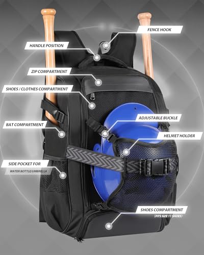 Large Baseball Backpack for Adult Youth 42L Softball Bat Bag with Detachable Adjustable Helmet Mesh Pocket Fit Basketball Soccer Volleyball Baseball Equipment Bag for Men Women 12+ Boys Girls - color: Black