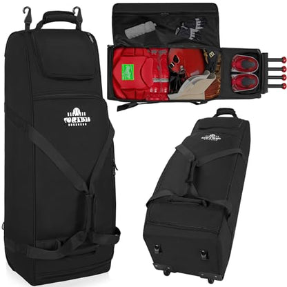 Large Rolling Baseball Bag with Wheels,Softball Catcher Gear Bag for 4 Bats with Fence Hooks ,Portable Roller Baseball Bag with Separate Shoe Space,Baseball Equipment Bag Holds Bat, Helmet and More