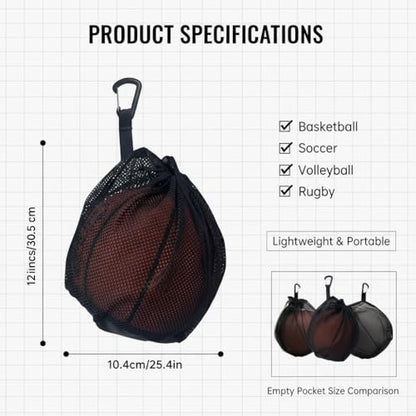 2-3-4 Pack Single Ball Bag for Basketball Soccer Volleyball,12x10 Inch Mesh Storage with Zipper Pocket,Portable Adjustable Drawstring Ball Bag with Hanging Clip Fits Most Backpacks - color: Black-2P