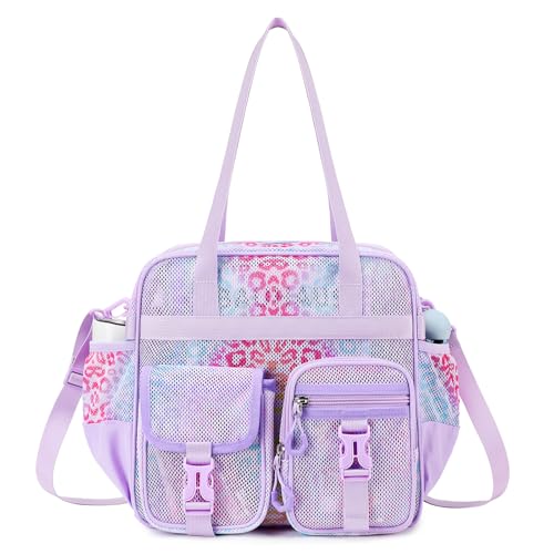 MOONBABY Mesh Beach Tote Bag for Stadium Events 12x6x12 Net Purse Bag for Women with Detachable Long Strap for Work, Sports - color: Purple Leopard